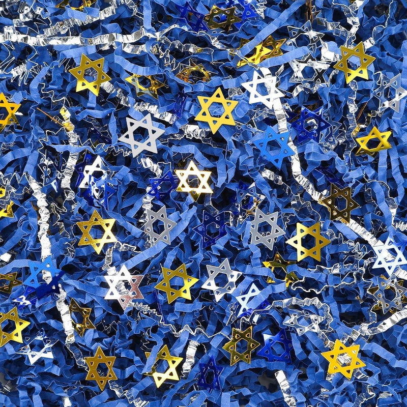 Jansun Hanukkah Blue Metallic Silver Crinkle Cut Paper, 115g/4oz Shred Filler with Gold Blue Silver Hexagrama Confetti for Gift Wrapping Craft DIY Basket Filling Chanukah Birthday Party Decorations - Image 1